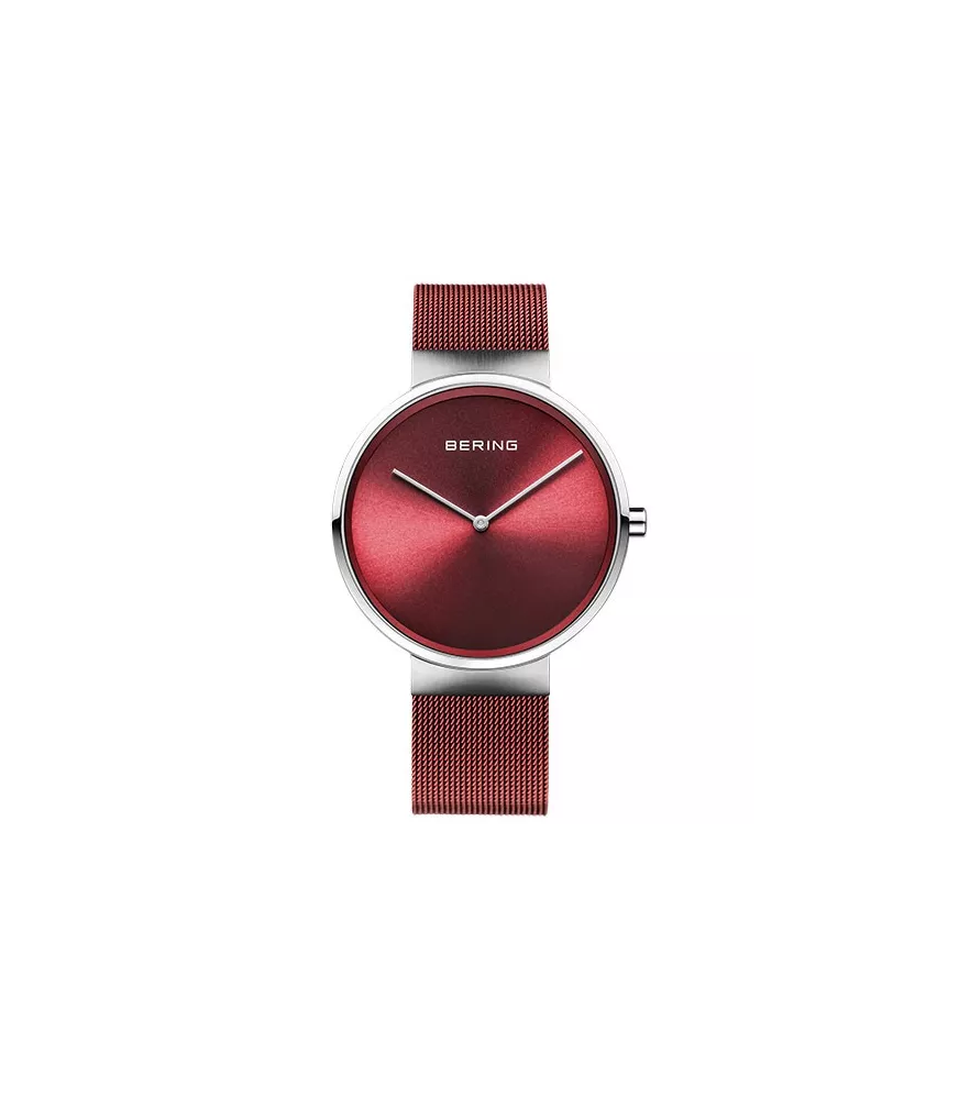 Reloj Bering rojo de mujer con caja rosada.