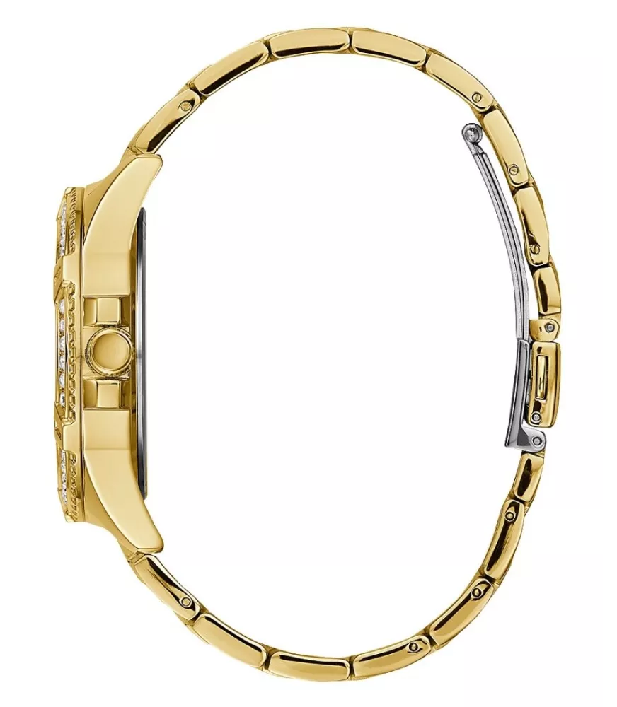 Cuarzo, analógico, 3 agujas, multifunción y brazalete en acero dorado.