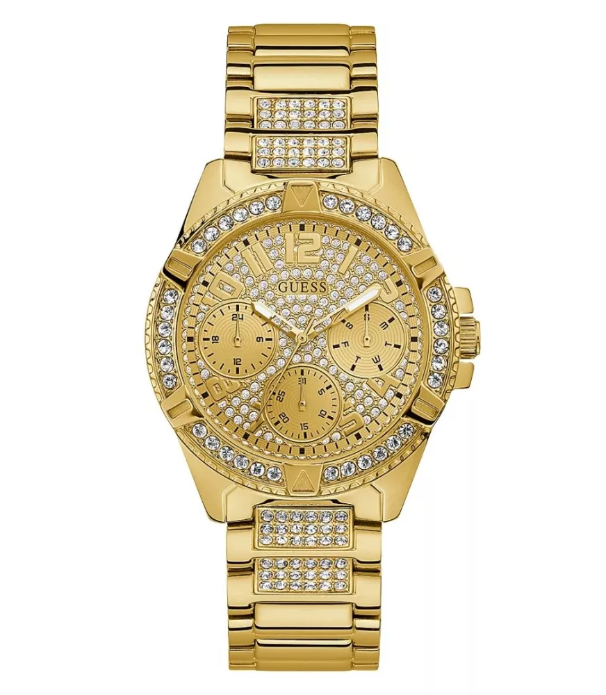 Cuarzo, analógico, 3 agujas, multifunción y brazalete en acero dorado.