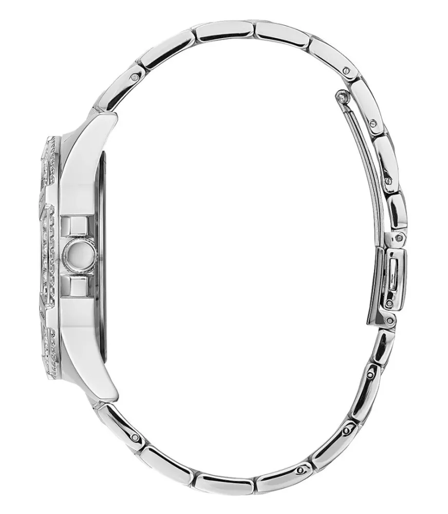 Cuarzo ,analógico y 3 agujas. Con esfera de color plateado y cristales