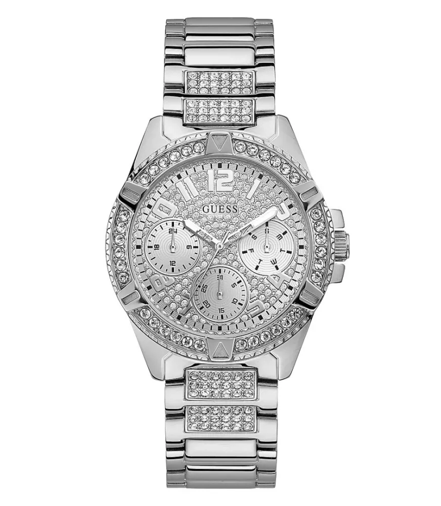 Cuarzo ,analógico y 3 agujas. Con esfera de color plateado y cristales