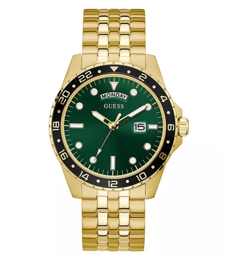 Cuarzo, analógico, 3 agujas, calendario y brazalete en acero dorado.