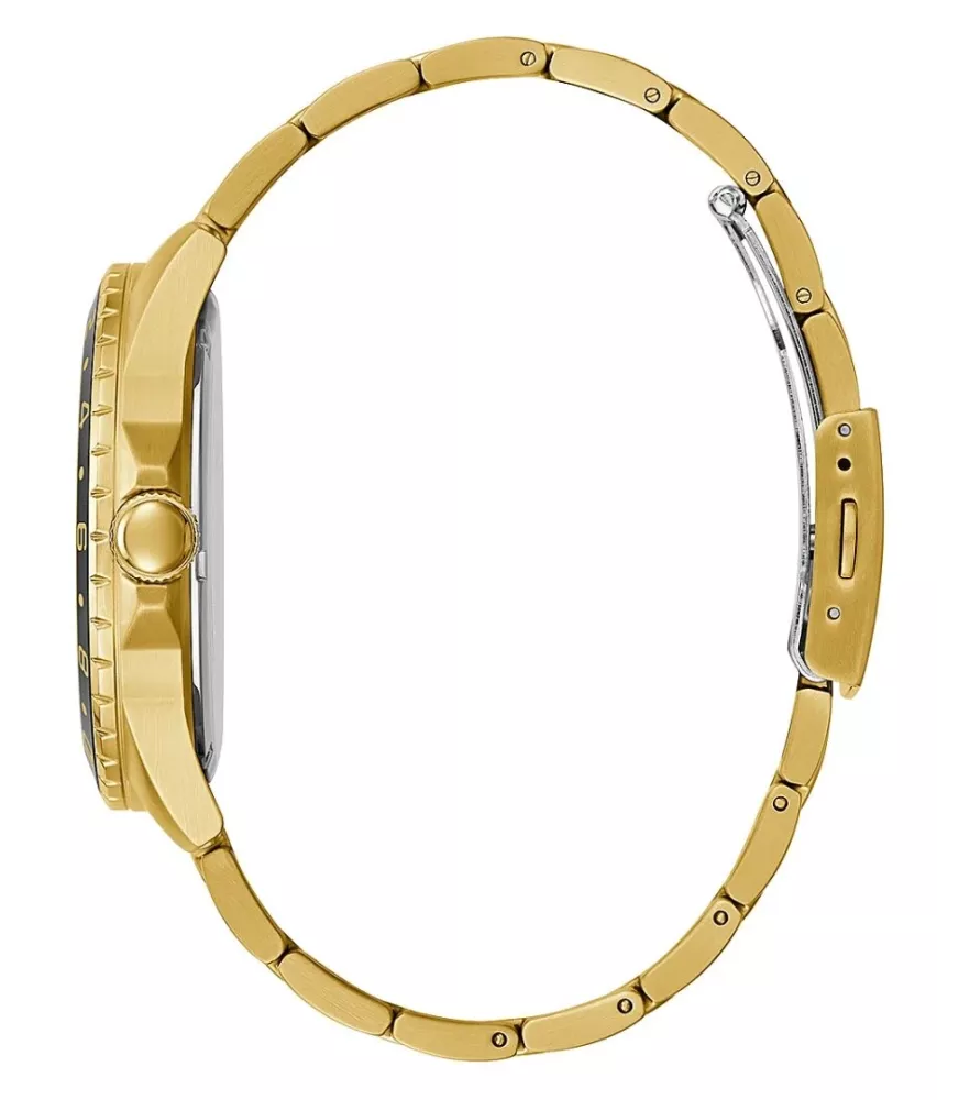 Cuarzo, analógico, 3 agujas, calendario y brazalete en acero dorado.