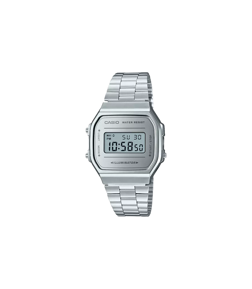 Reloj Casio vintage digital, con esfera plateada y brazalete de acero.