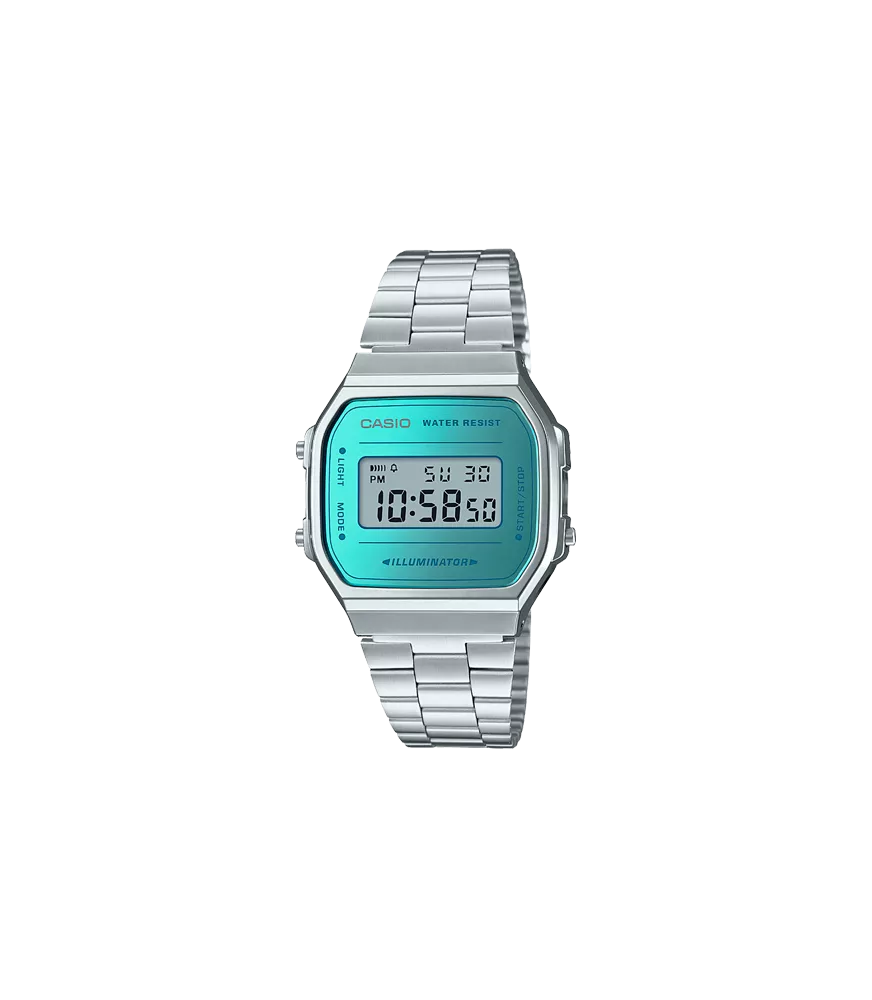 Reloj Casio vintage digital, con esfera azul y brazalete de acero.