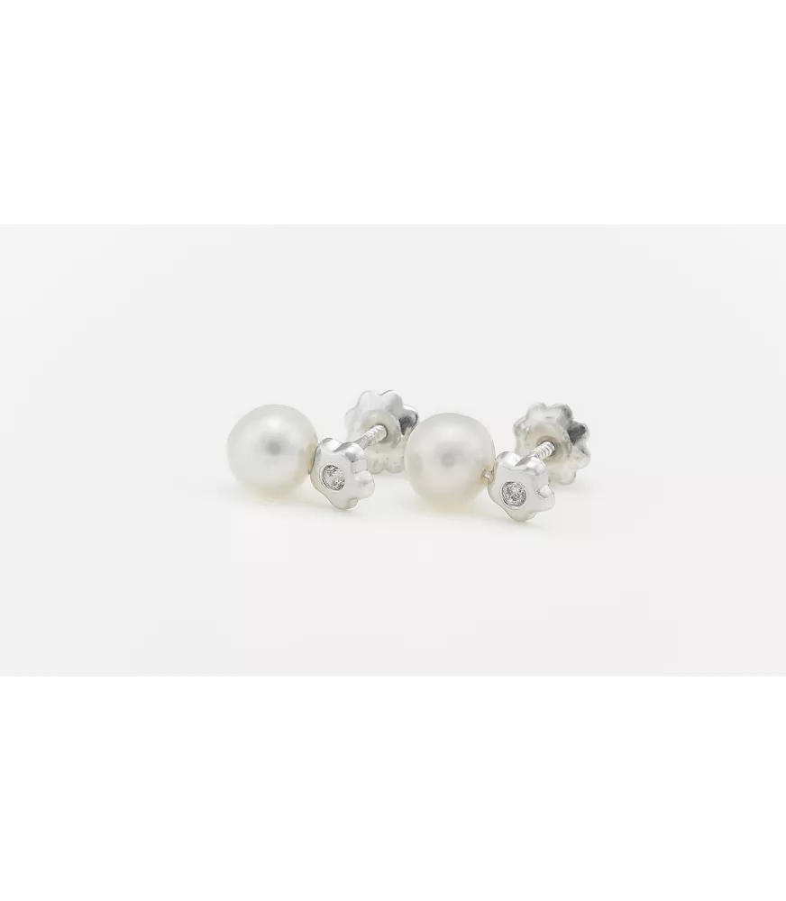 PENDIENTE DE BEBE FLOR Y PERLA ORO BLANCO 18 KTS CON CIRCONITA.