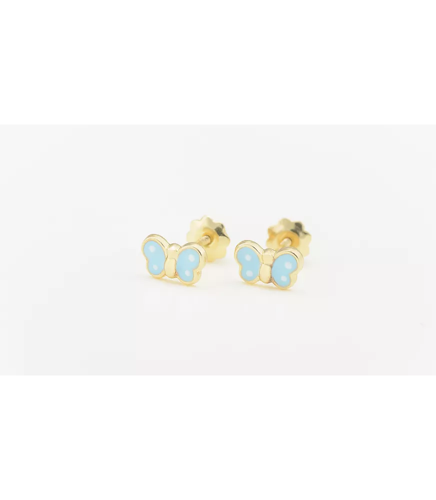 PENDIENTE DE BEBE MARIPOSA AZUL ORO 18 KTS CON ESMALTE.