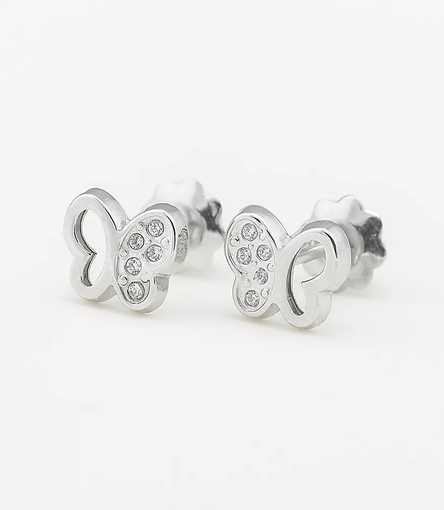 PENDIENTE DE BEBÉ MARIPOSA CALADA ORO BLANCO 18 KTS CON CIRCONITAS.