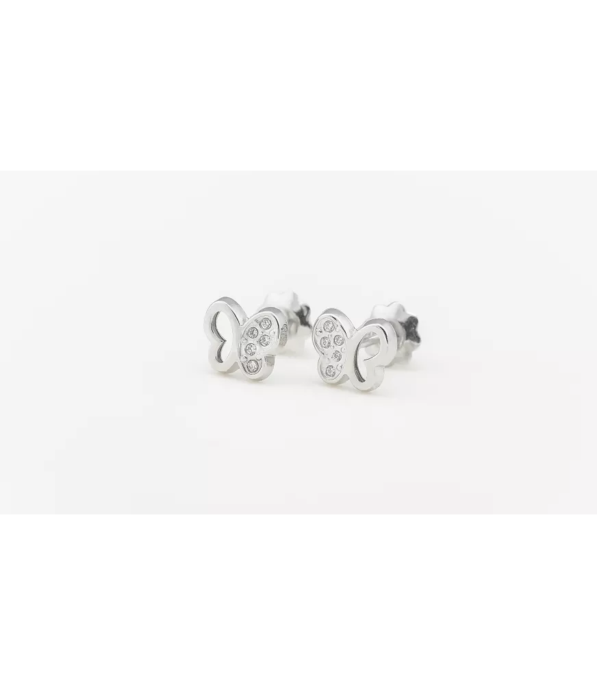 PENDIENTE DE BEBÉ MARIPOSA CALADA ORO BLANCO 18 KTS CON CIRCONITAS.