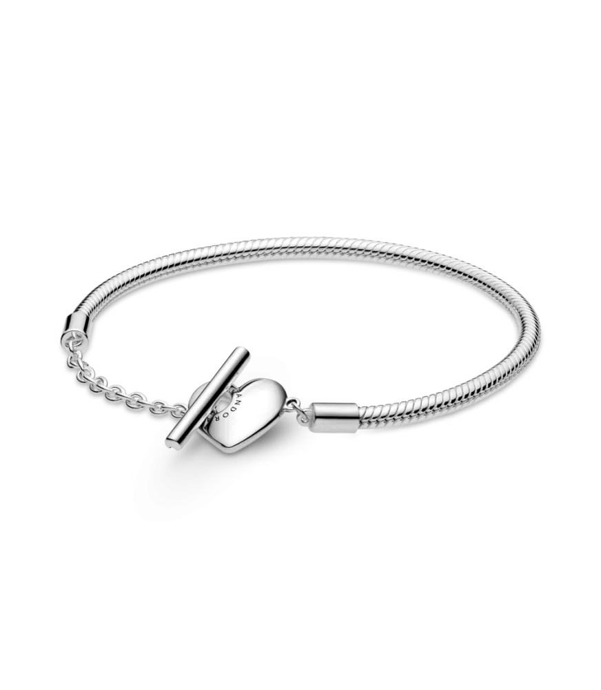 Pulsera Moments en plata de ley Cadena de Serpiente con cierre en T y corazón grabable