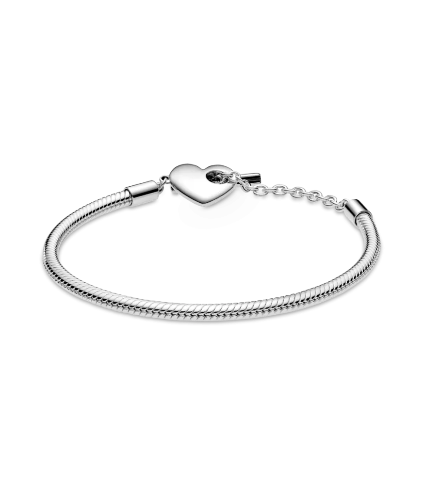 Pulsera Moments en plata de ley Cadena de Serpiente con cierre en T y corazón grabable