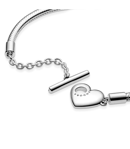 Pulsera Moments en plata de ley Cadena de Serpiente con cierre en T y corazón grabable