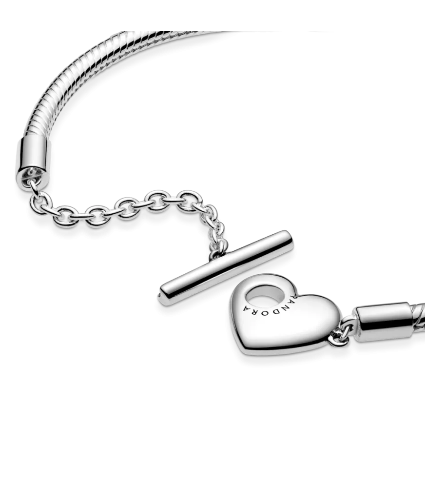 Pulsera Moments en plata de ley Cadena de Serpiente con cierre en T y corazón grabable