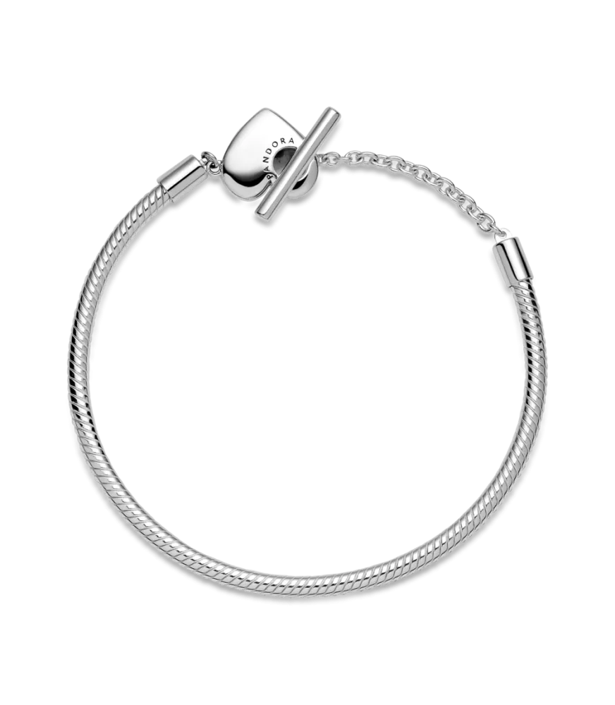 Pulsera Moments en plata de ley Cadena de Serpiente con cierre en T y corazón grabable