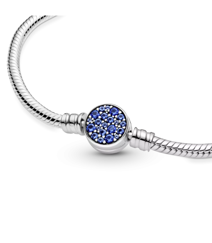Pulsera Moments en plata de ley Cadena de Serpiente Cierre Disco Azul Brillante