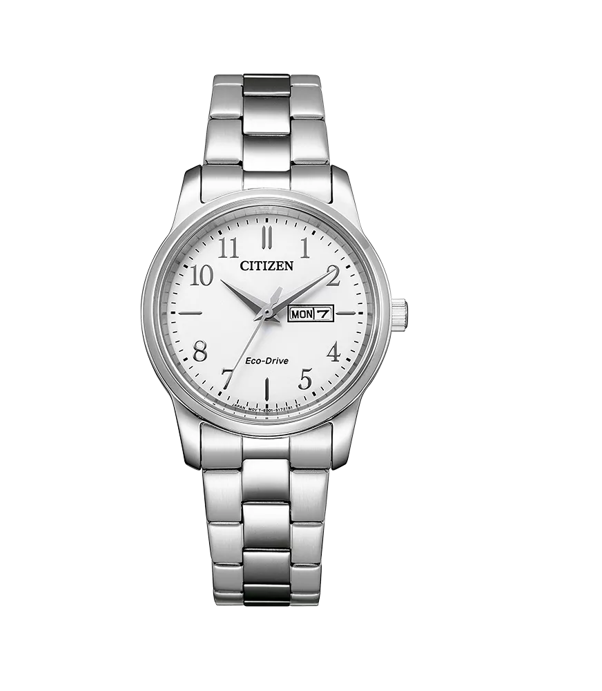 Eco-drive E001, con reserva de carga de 6 meses y calendario.