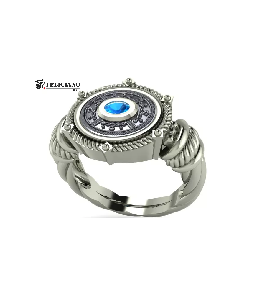 Anillo en plata de primera ley con cuarzo hidrotermal azul.