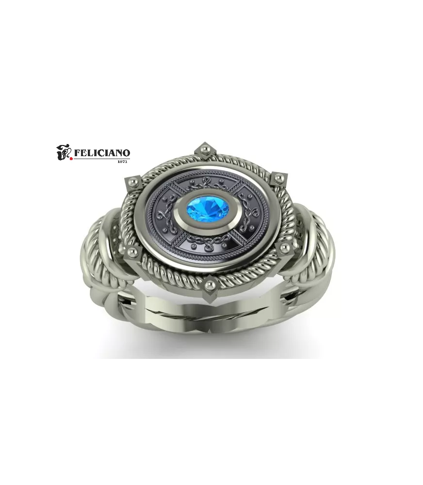 Anillo en plata de primera ley con cuarzo hidrotermal azul.