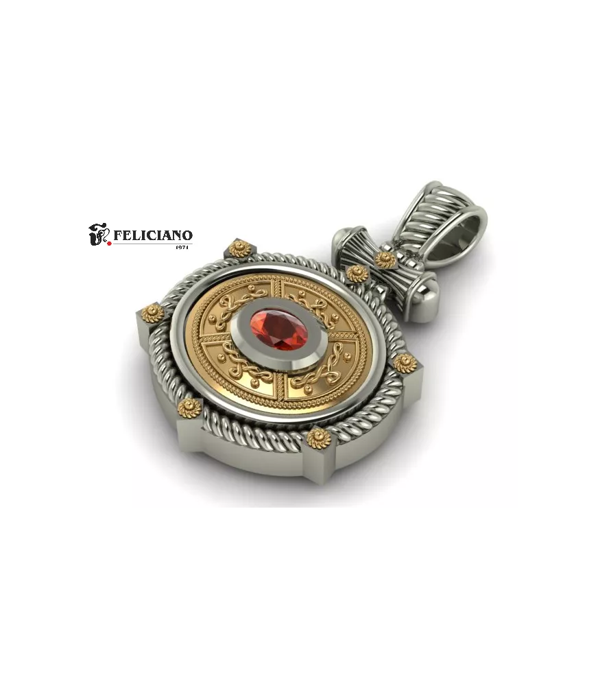 Colgante con cuero en plata de primera ley con cuarzo hidrotermal en rojo.