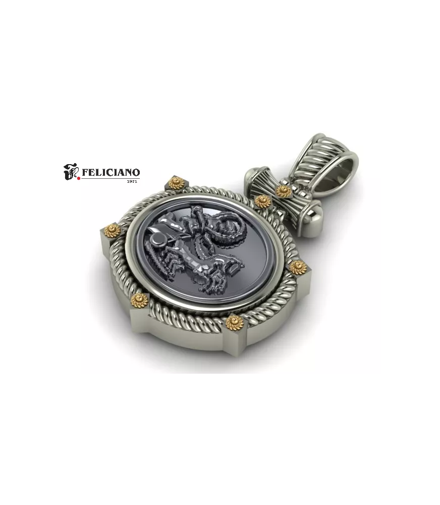 Colgante con cuero en plata de primera ley con moneda en plata oxidada