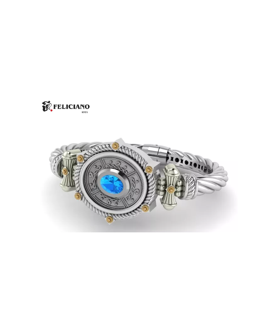 Brazalete en plata de primera ley con cuarzo hidrotermal azul.