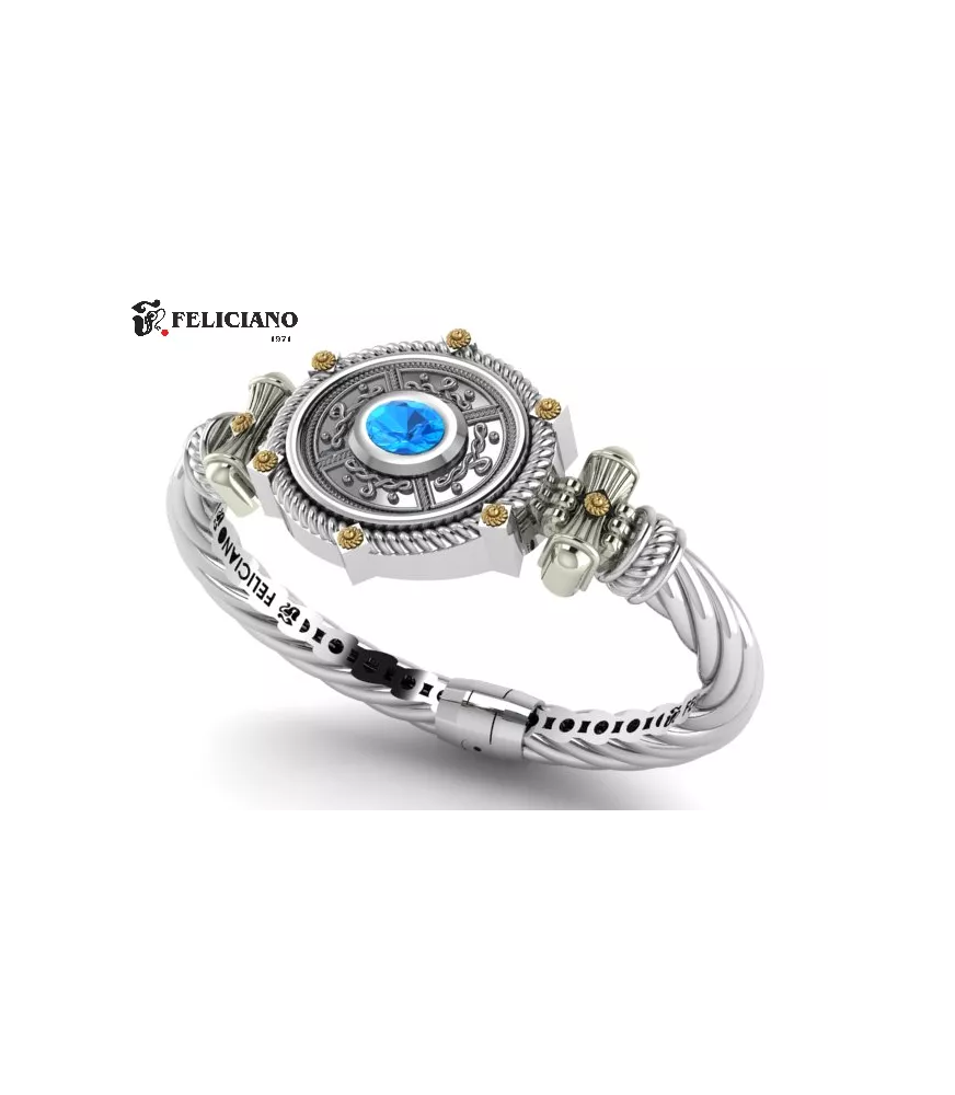 Brazalete en plata de primera ley con cuarzo hidrotermal azul.