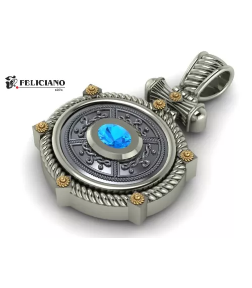 Colgante con cuero en plata de primera ley con cuarzo hidrotermal en azul.