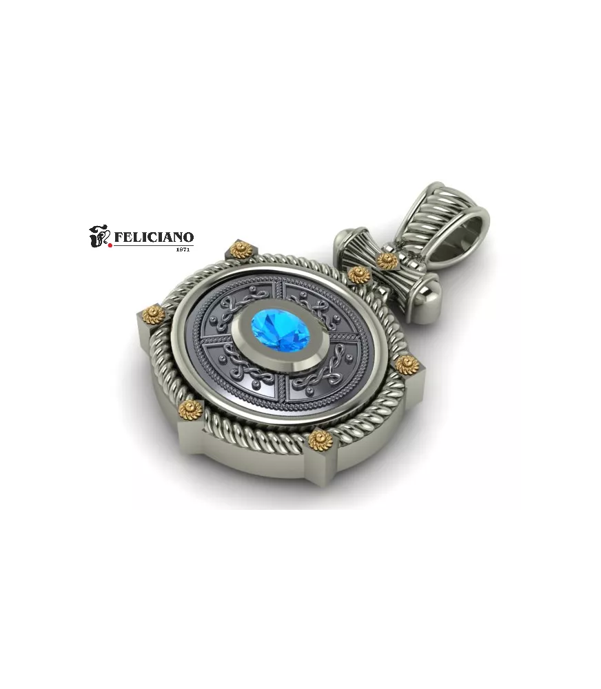 Colgante con cuero en plata de primera ley con cuarzo hidrotermal en azul.